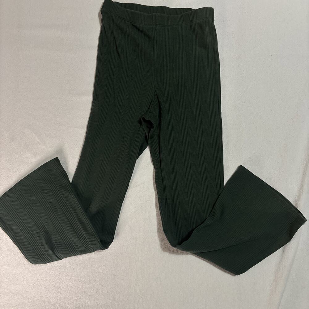 Aerie Green Ribbed Knit Flare Pants Women's SP Pull-On Stretch Elastic Waist